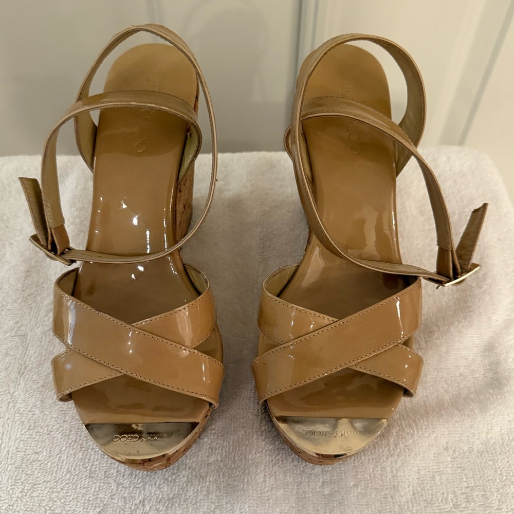 Jimmy Choo Tan Patent Cork Wedge Ankle Strap Sandals - Picture 4 of 7